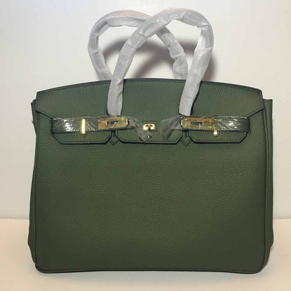 Workin’ Class Bir&in Hi End Handbag Pebbled Cow Leather Almond Green W/Access.